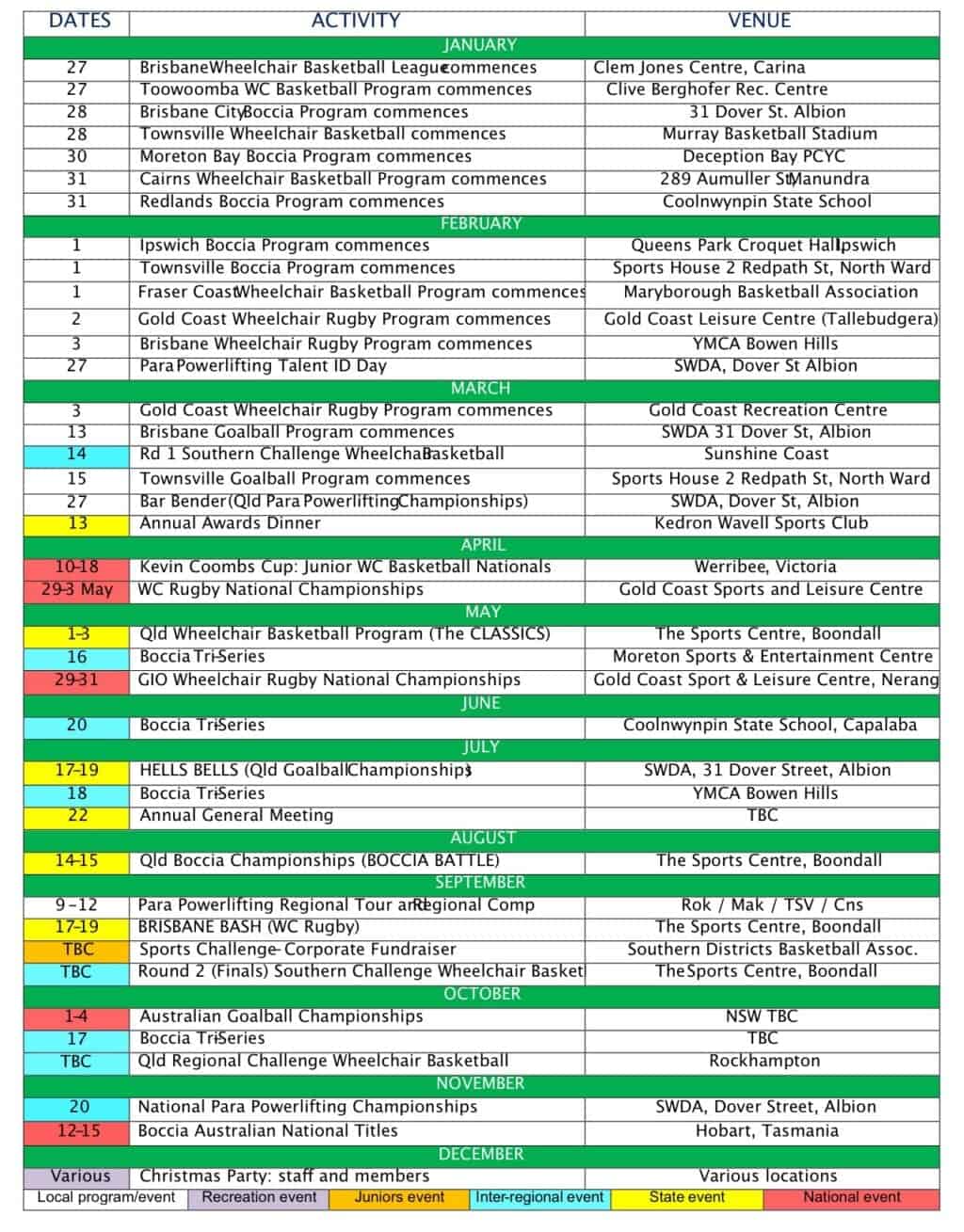 Calendar of Events Sporting Wheelies and Disabled Association